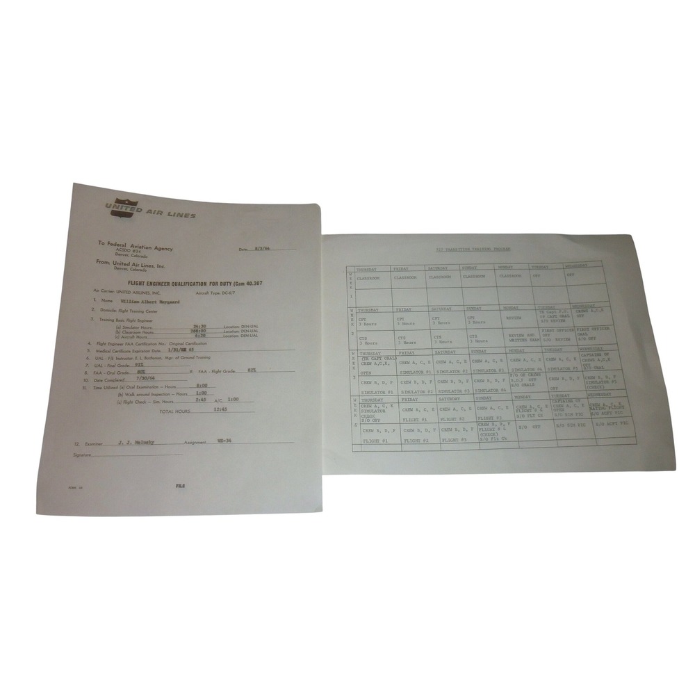 1964 United Air Lines Flight Engineer‎ Qualification Document Boeing 727 Lot